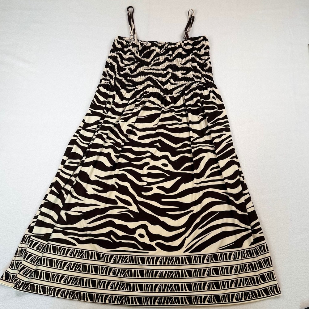 India Boutique Zebra Print Smocked Midi Dress Black White Adjustable Straps